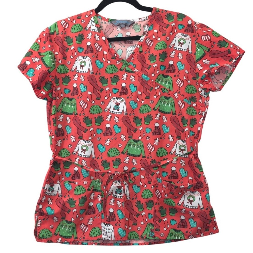 Serene Uniforms Christmas Scrub Top Small Red Ugly Sweater Mock Wrap Festive